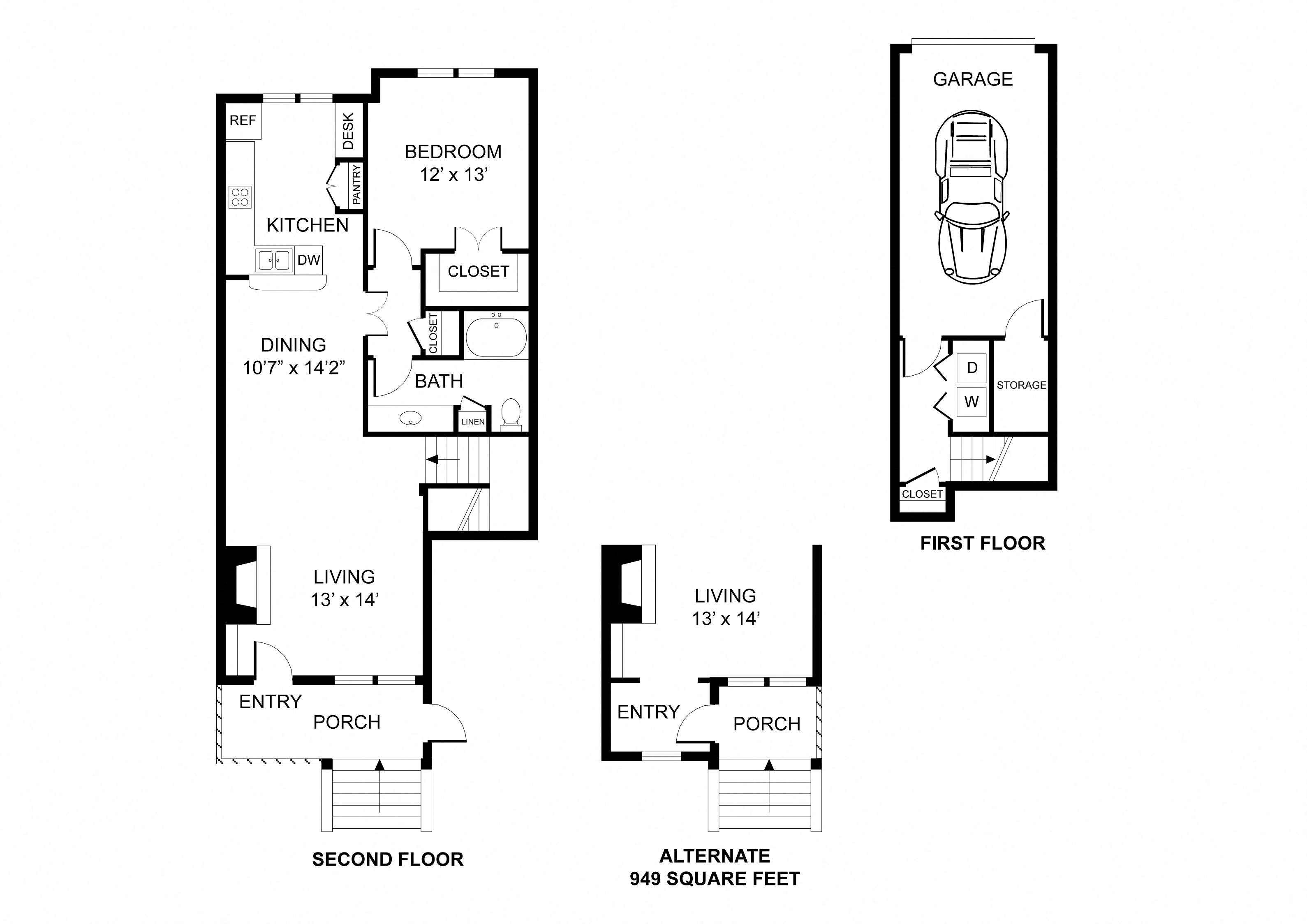 Floor plan for 1 bed, 1 bath, 949 sqft