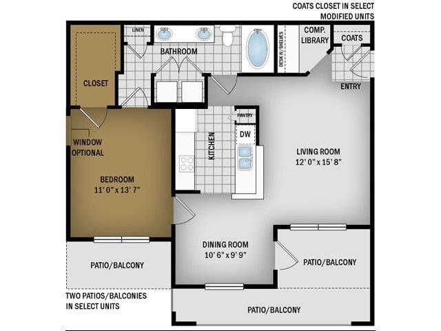 Floor plan for 1 bed, 1 bath, 802 sqft
