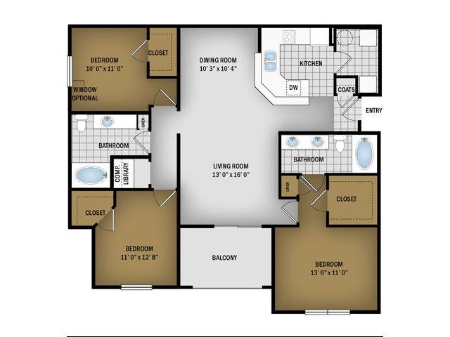 Floor plan for 3 beds, 2 baths, 1352 sqft