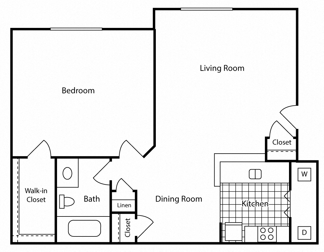 Floor plan for 1 bed, 1 bath, 661 sqft