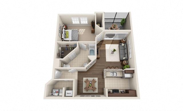 Floor plan for 1 bed, 1 bath, 835 sqft