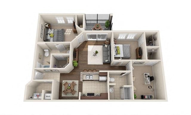 Floor plan for 2 beds, 2 baths, 1152 sqft