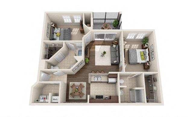 Floor plan for 2 beds, 2 baths, 1109 sqft