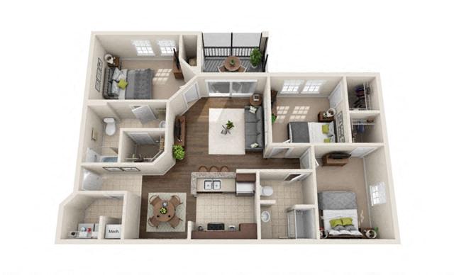 Floor plan for 3 beds, 2 baths, 1242 sqft