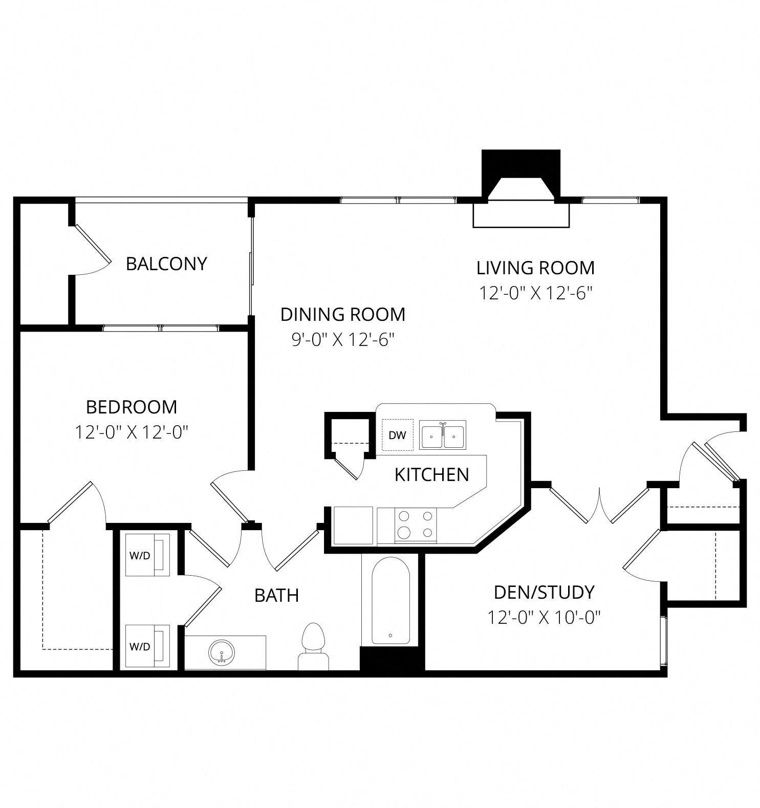 Floor plan for 2 beds, 1 bath, 925 sqft