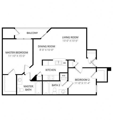 Floor plan for 2 beds, 2 baths, 1001 sqft