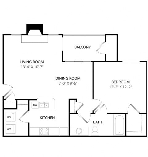 Floor plan for 1 bed, 1 bath, 695 sqft