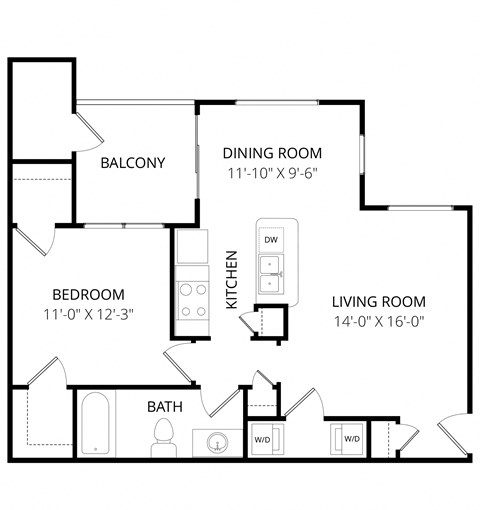Floor plan for 1 bed, 1 bath, 791 sqft