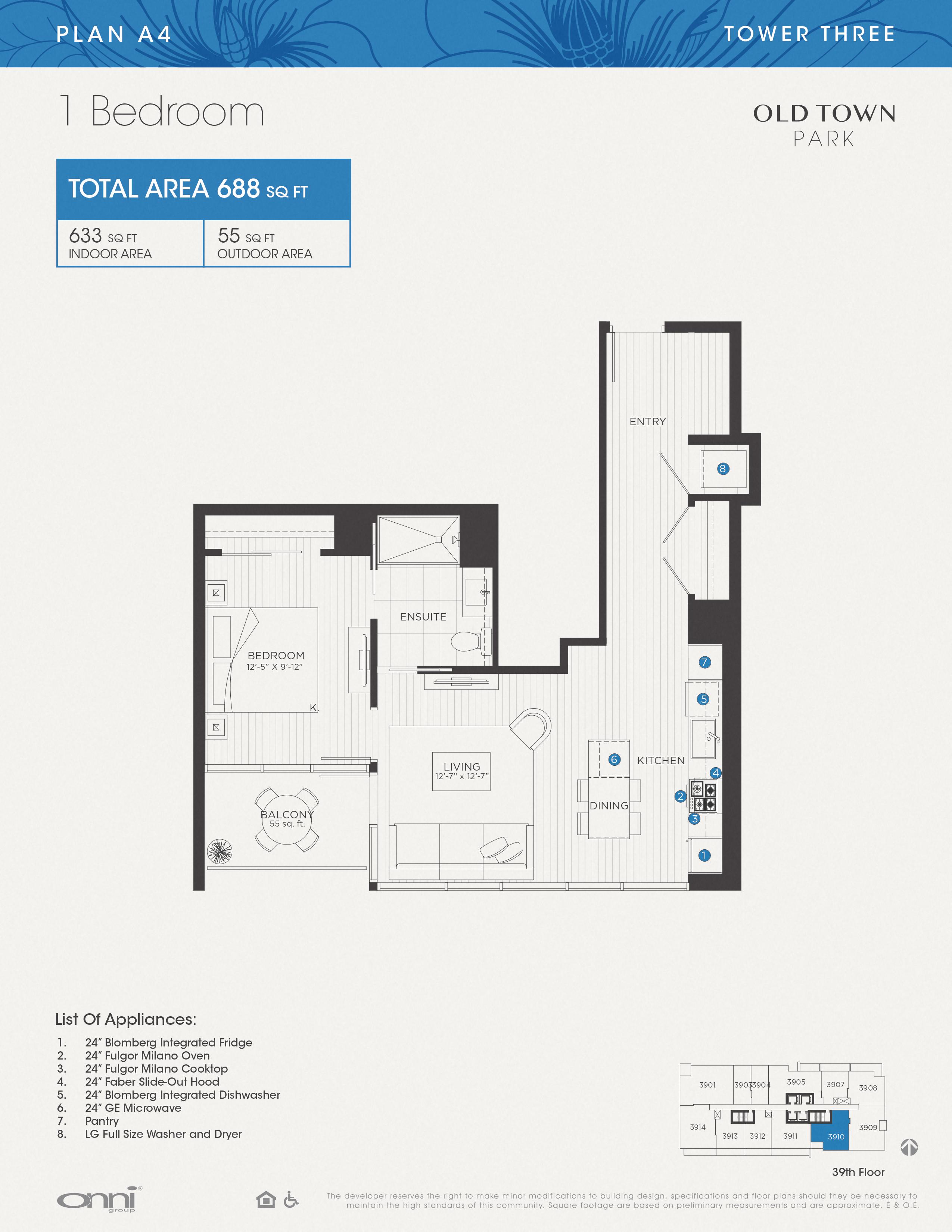 Floor plan for 1 bed, 1 bath, 633 sqft
