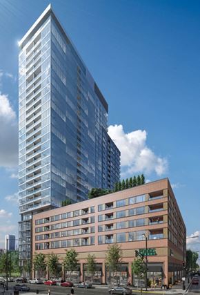 Chicago apartment for rent - a rendering of a tall tower and a building on a city street