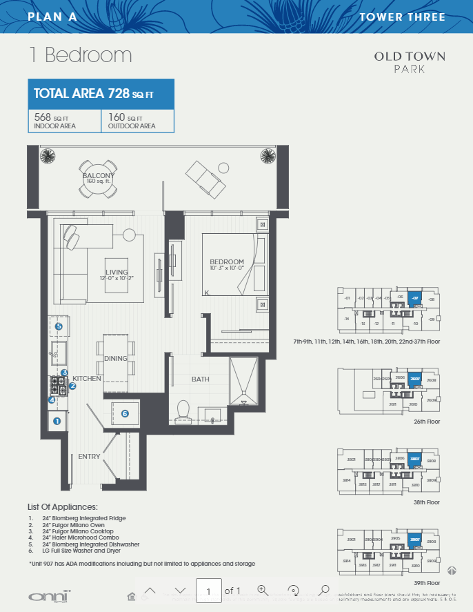 Floor plan for 1 bed, 1 bath, 568 sqft