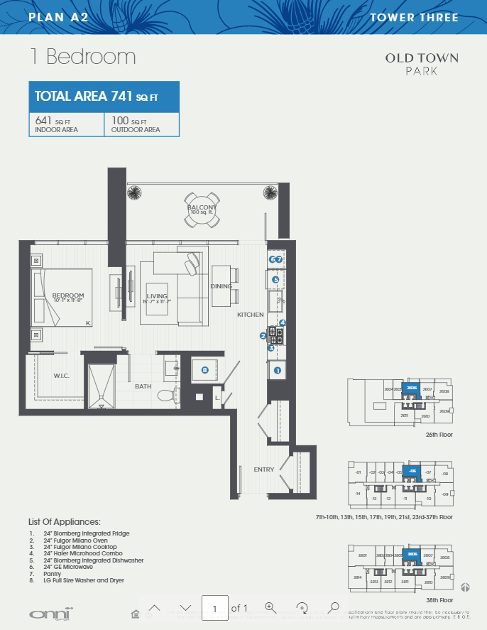 Floor plan for 1 bed, 1 bath, 641 sqft
