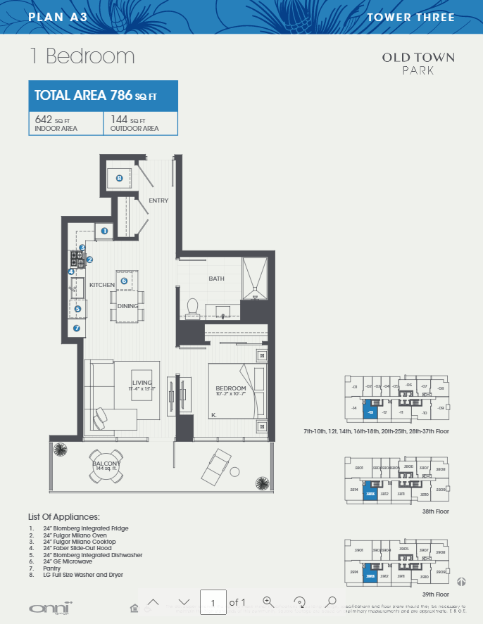 Floor plan for 1 bed, 1 bath, 642 sqft