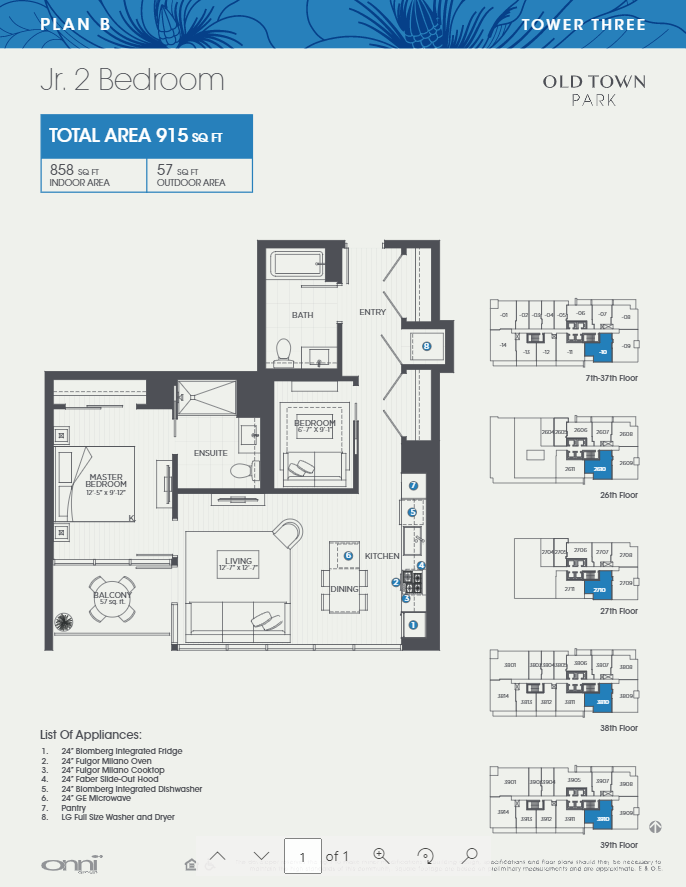 Floor plan for 1 bed, 2 baths, 858 sqft