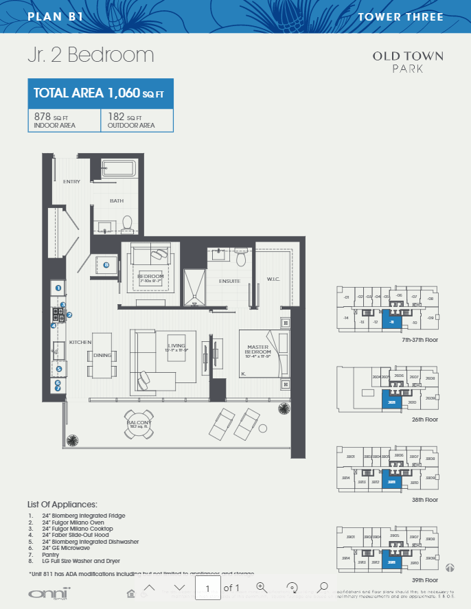 Floor plan for 1 bed, 2 baths, 878 sqft