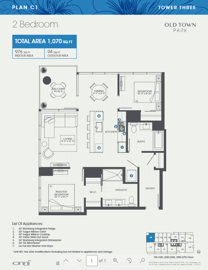 Floor plan for 2 beds, 2 baths, 976 sqft