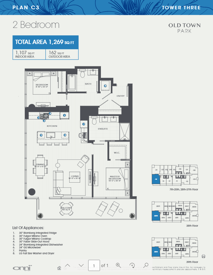 Floor plan for 2 beds, 2 baths, 1107 sqft