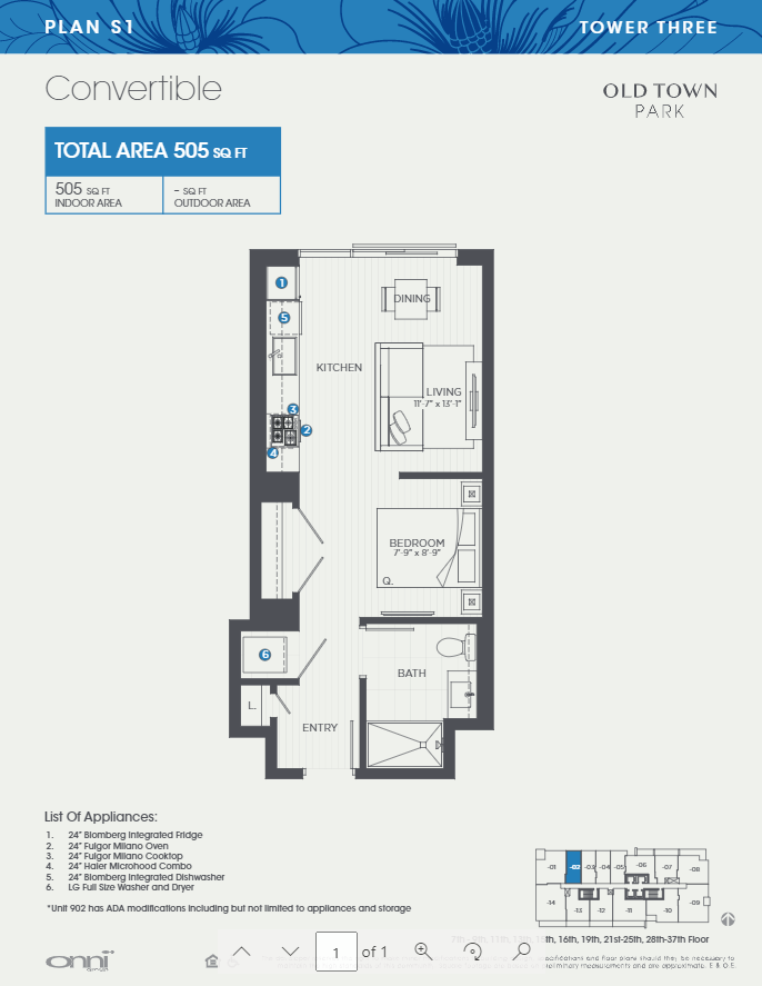 Floor plan for studio, 1 bath, 505 sqft