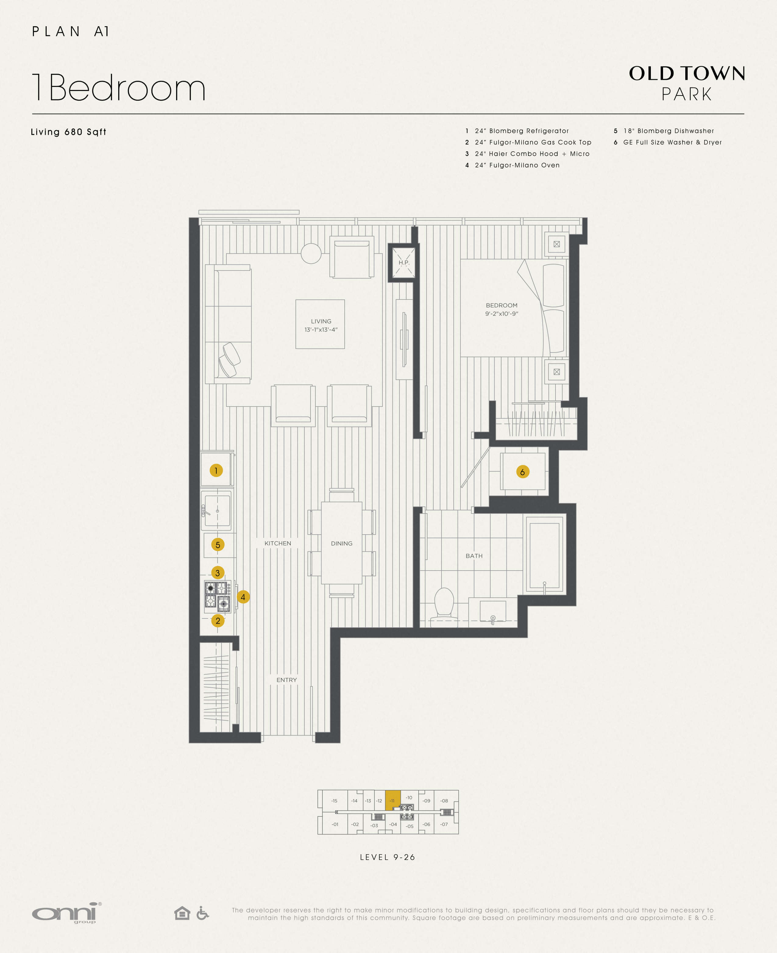 Floor plan for 1 bed, 1 bath, 680 sqft