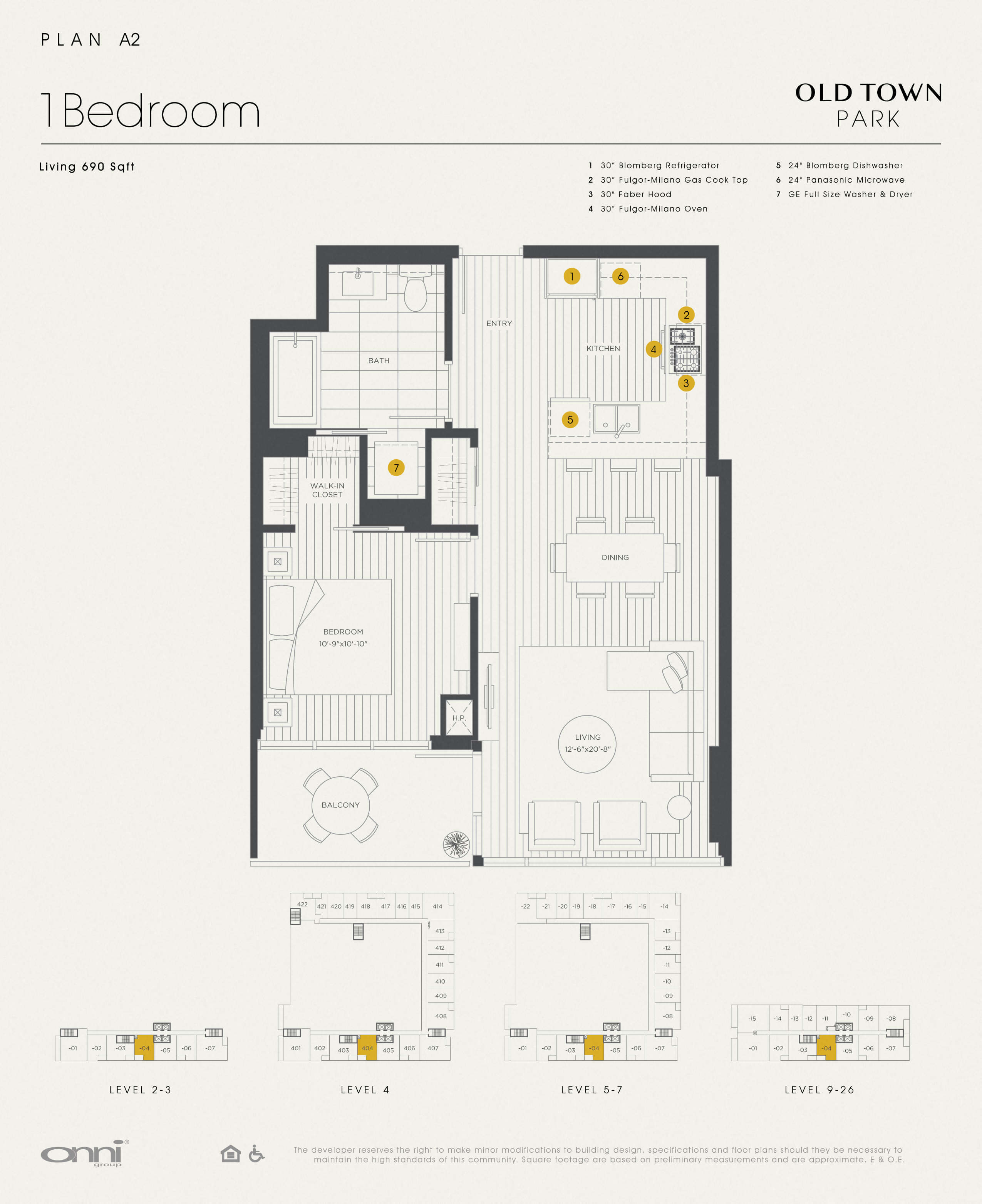 Floor plan for 1 bed, 1 bath, 690 sqft