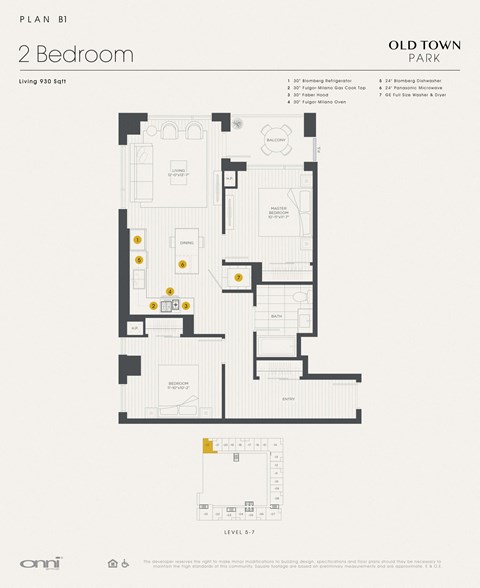 Floor plan for 2 beds, 1 bath, 930 sqft