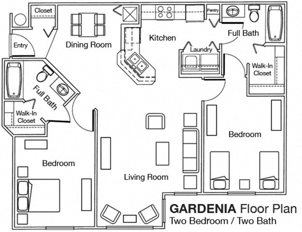 Floor plan for 2 beds, 2 baths, 1032 sqft