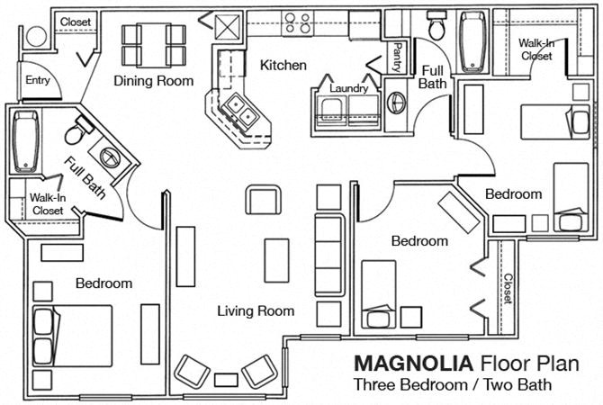 Floor plan for 3 beds, 2 baths, 1183 sqft