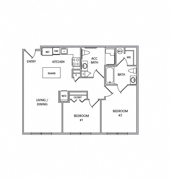 Floor plan for 2 beds, 2 baths, 941 sqft