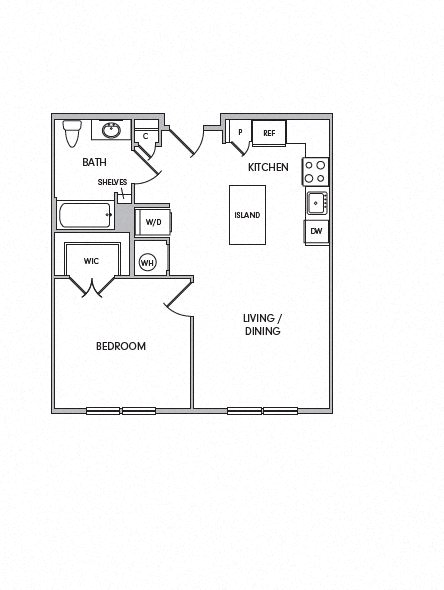 Floor plan for 1 bed, 1 bath, 665 sqft