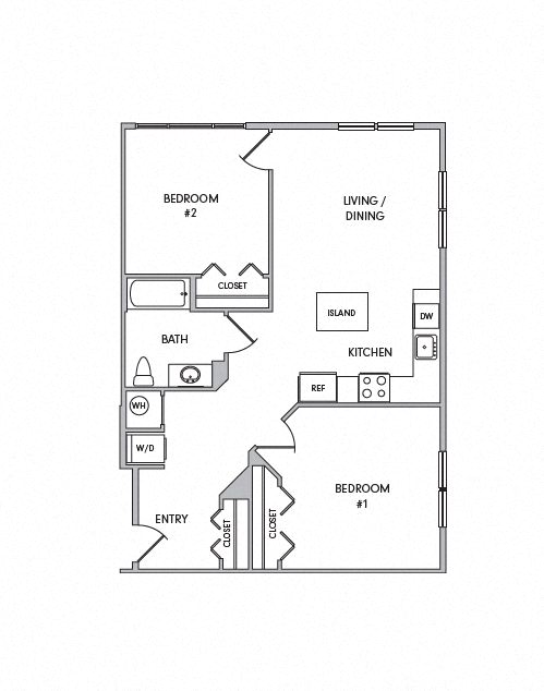 Floor plan for 2 beds, 1 bath, 986 sqft
