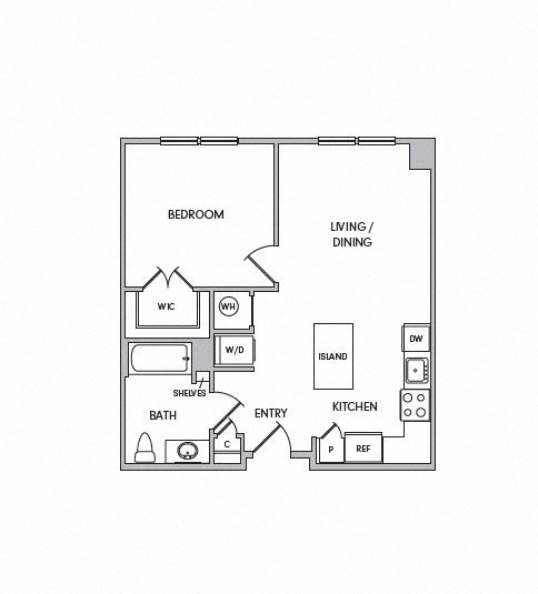 Floor plan for 1 bed, 1 bath, 670 sqft