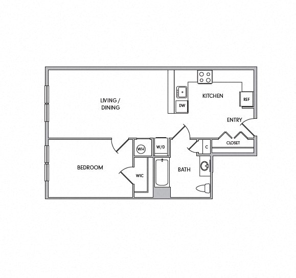 Floor plan for 1 bed, 1 bath, 700 sqft