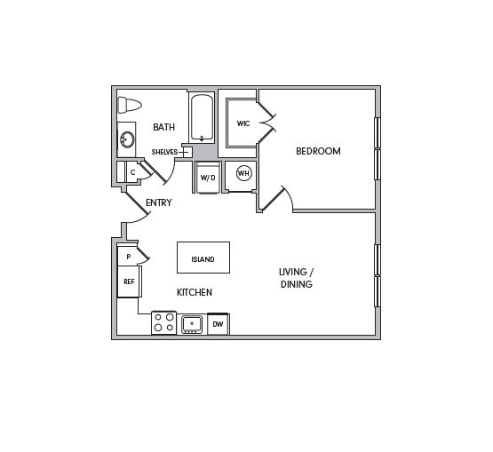 Floor plan for 1 bed, 1 bath, 670 sqft