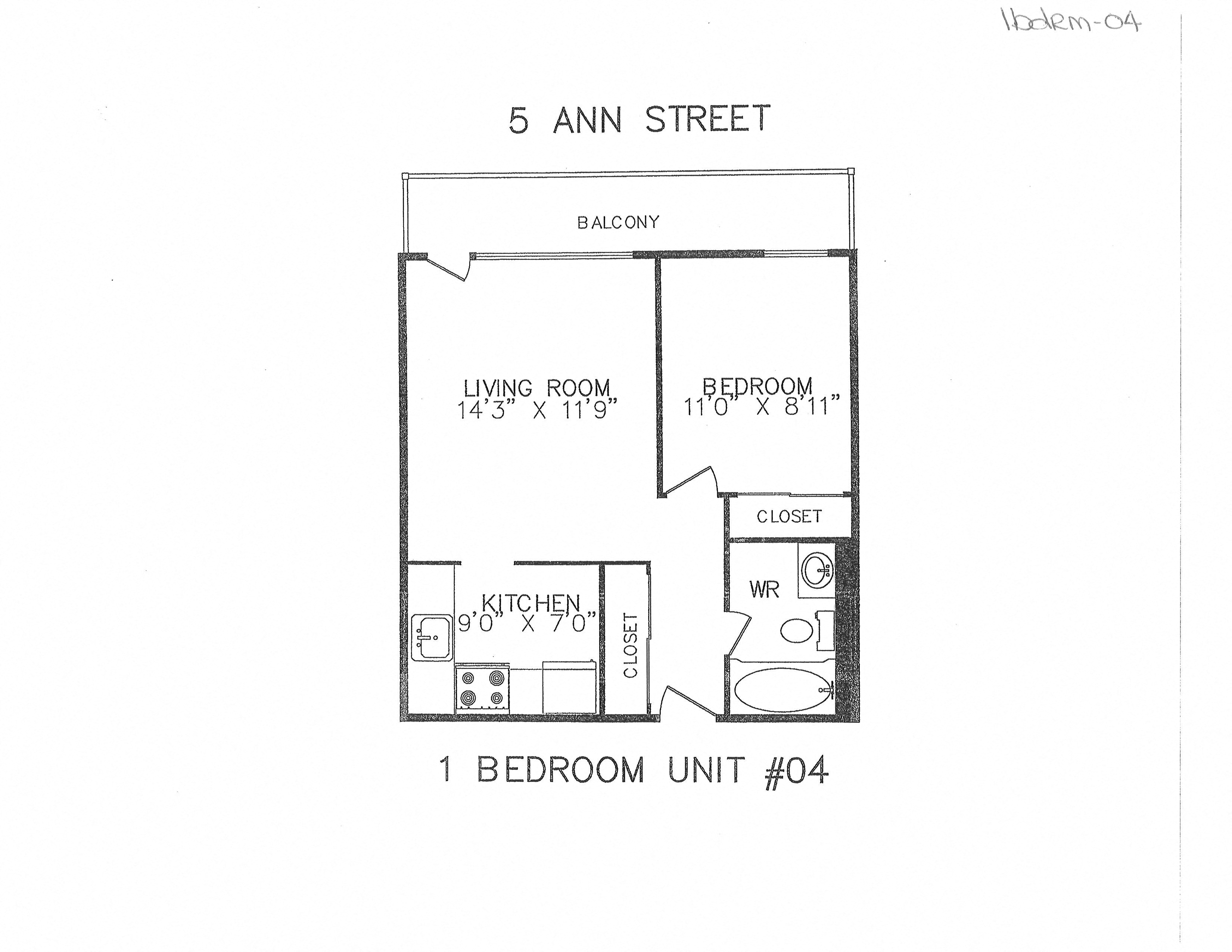 Floor plan for 1 bed, 1 bath, 445 sqft