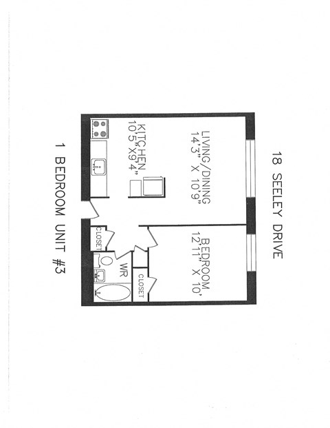 Floor plan for 1 bed, 1 bath, 505 sqft