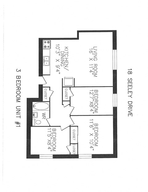 Floor plan for 3 beds, 1 bath, 770 sqft