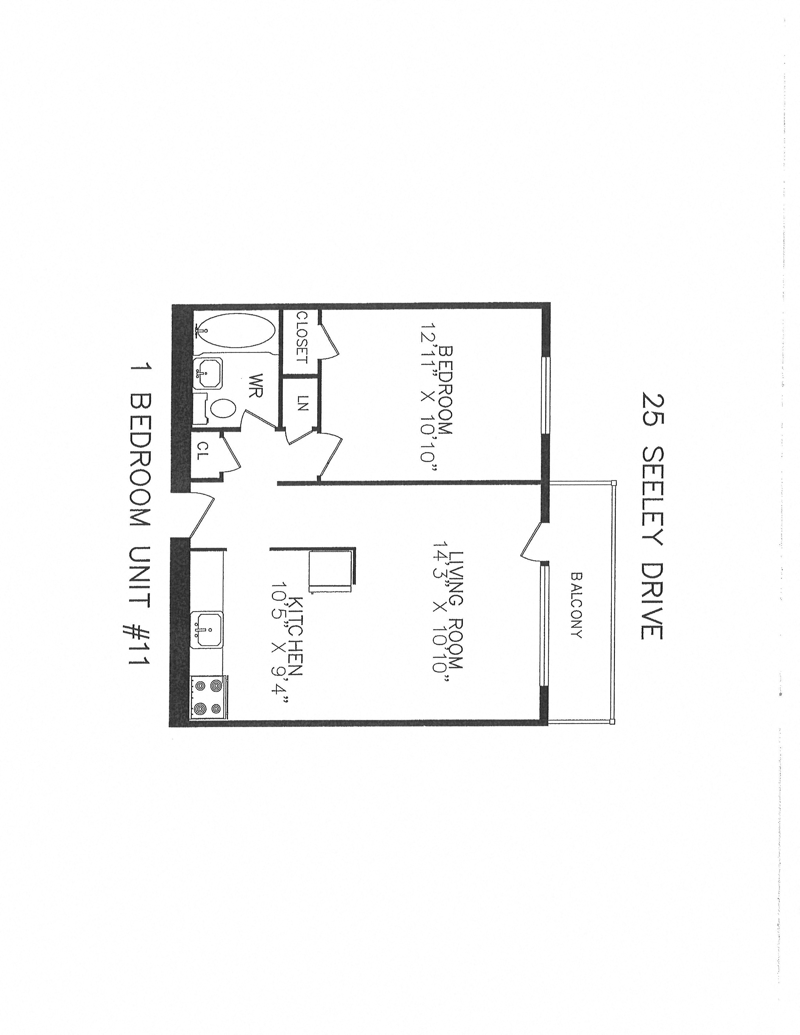 Floor plan for 1 bed, 1 bath, 505 sqft