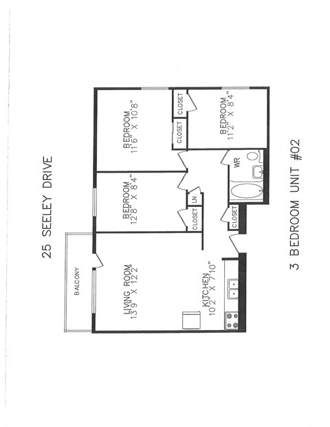 Floor plan for 3 beds, 1 bath, 780 sqft