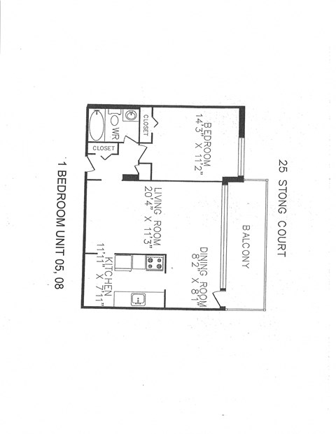 Floor plan for 1 bed, 1 bath, 700 sqft