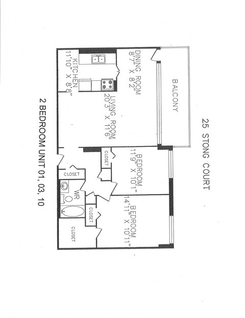 Floor plan for 2 beds, 1 bath, 935 sqft