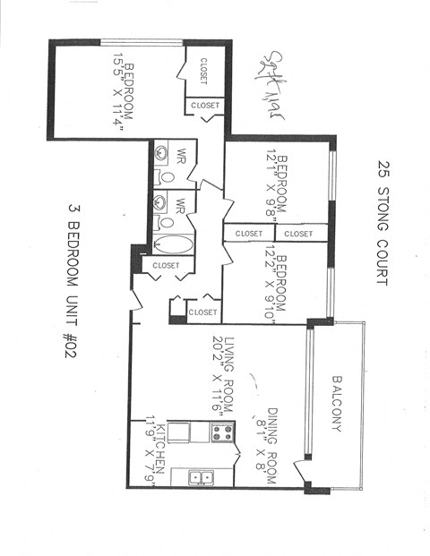 Floor plan for 3 beds, 2 baths, 1195 sqft