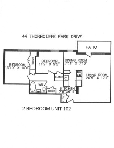 Floor plan for 2 beds, 1 bath, 848 sqft