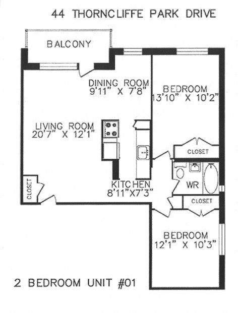 Floor plan for 2 beds, 1 bath, 819 sqft