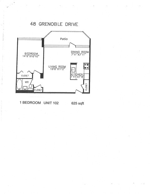 Floor plan for 1 bed, 1 bath, 612 sqft