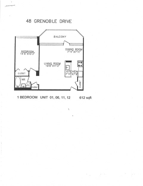 Floor plan for 1 bed, 1 bath, 612 sqft