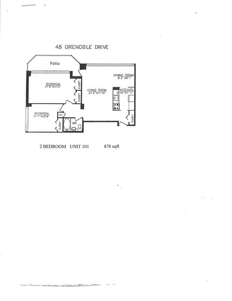 Floor plan for 2 beds, 1 bath, 878 sqft