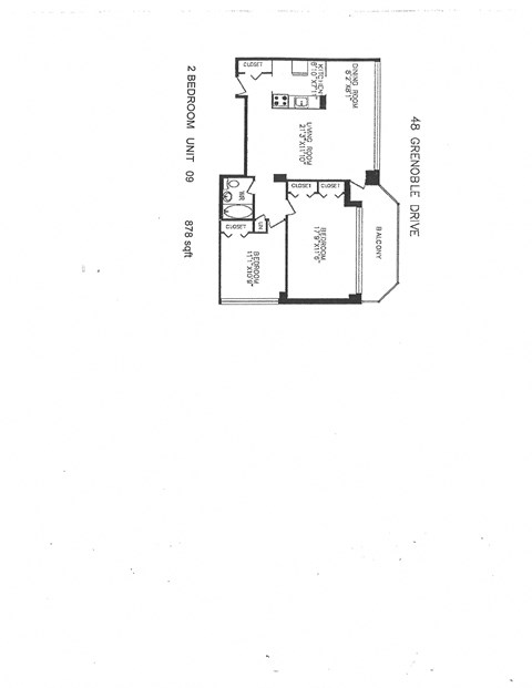 Floor plan for 2 beds, 1 bath, 878 sqft