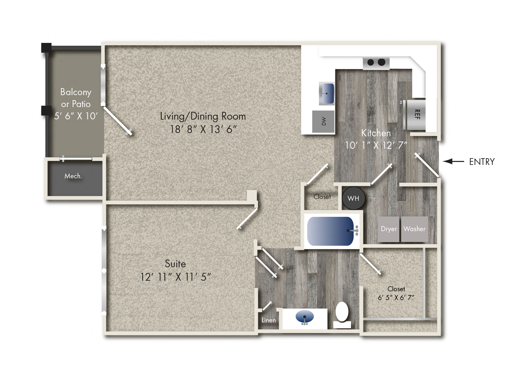 Floor plan for 1 bed, 1 bath, 803 sqft