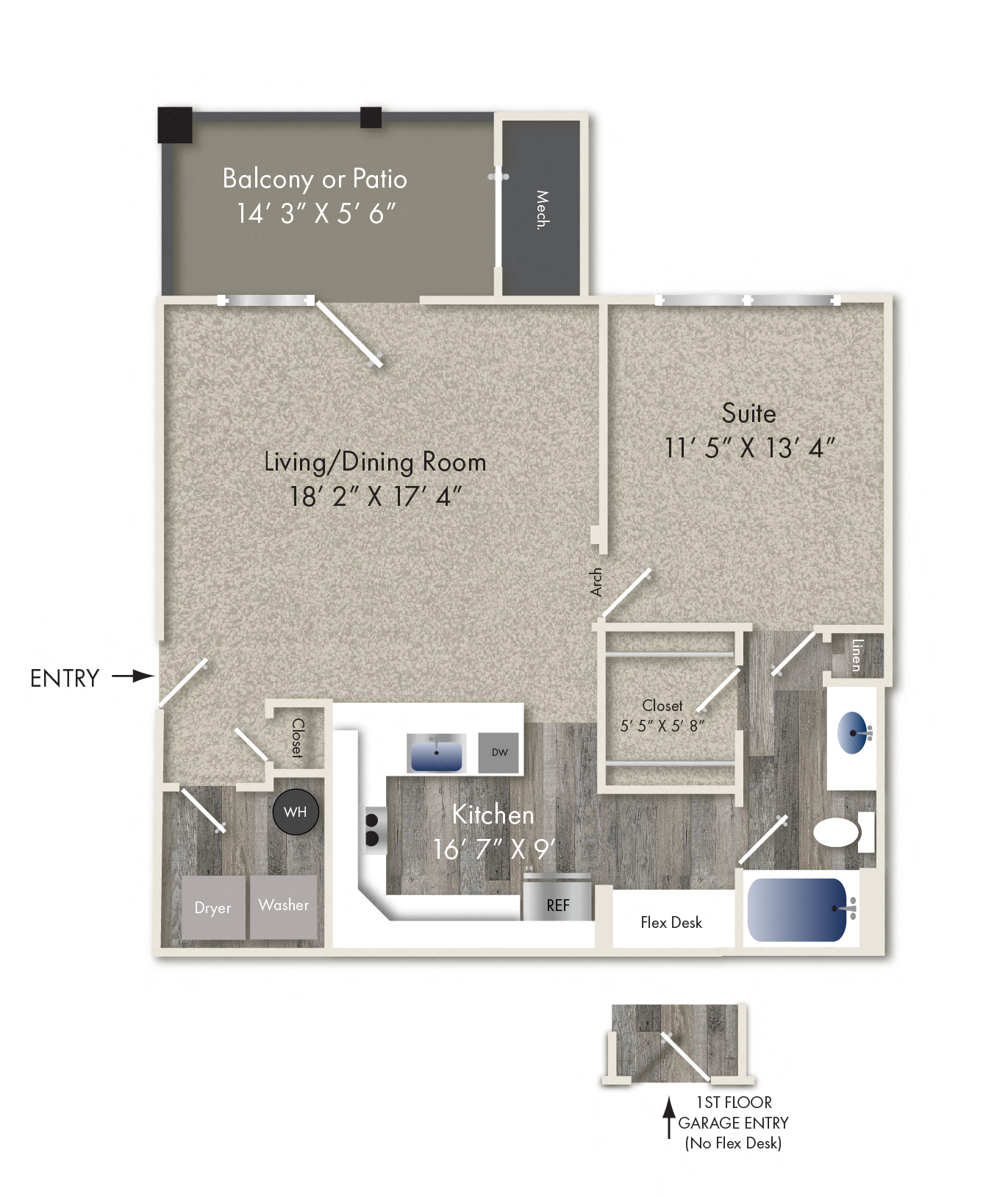Floor plan for 1 bed, 1 bath, 858 sqft