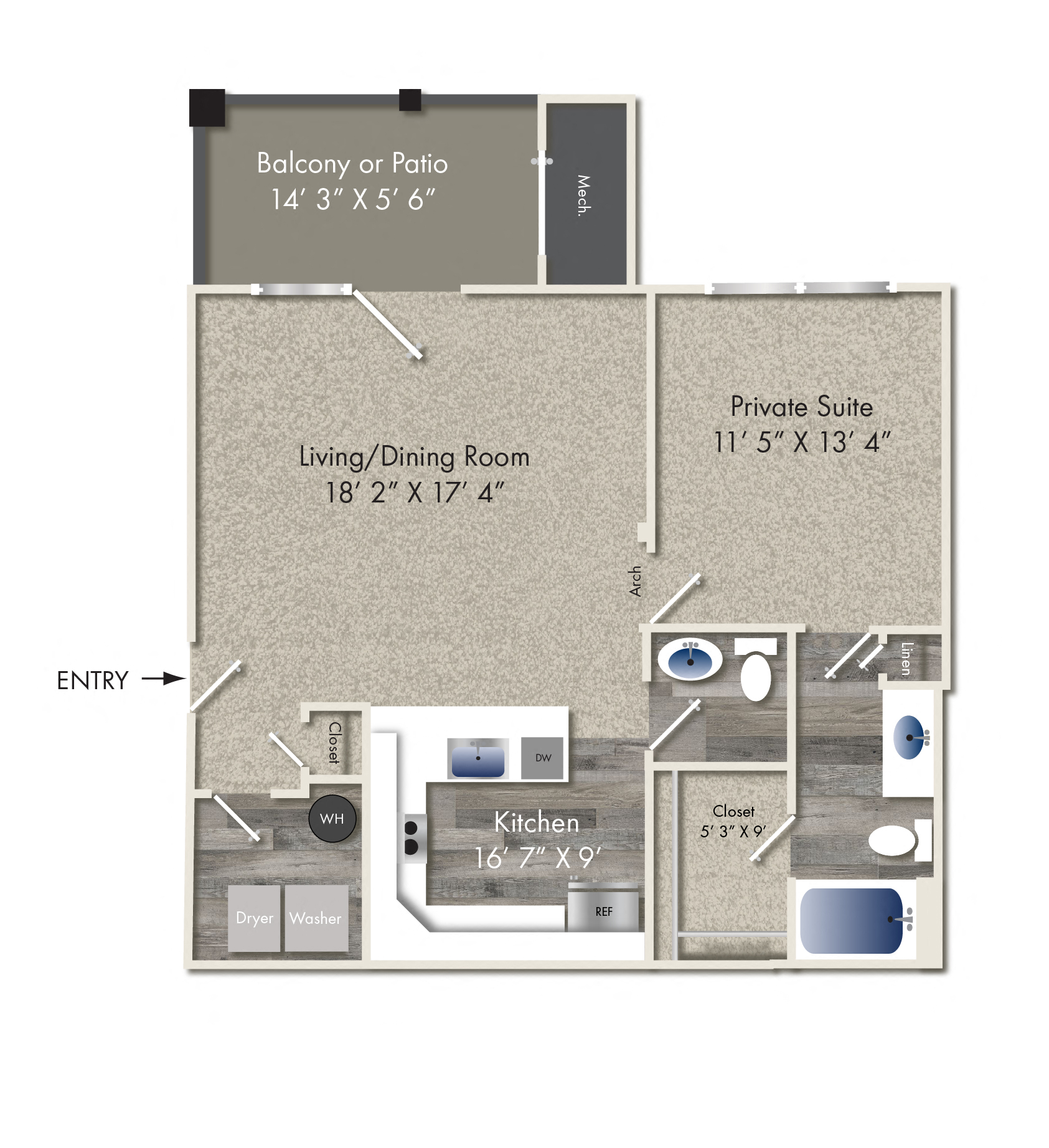 Floor plan for 1 bed, 1.5 baths, 858 sqft